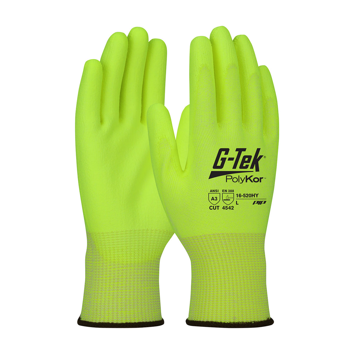 G-Tek 16-520HY Cut Resistant Gloves PolyKor Hi-Vis Polyurethane Yellow