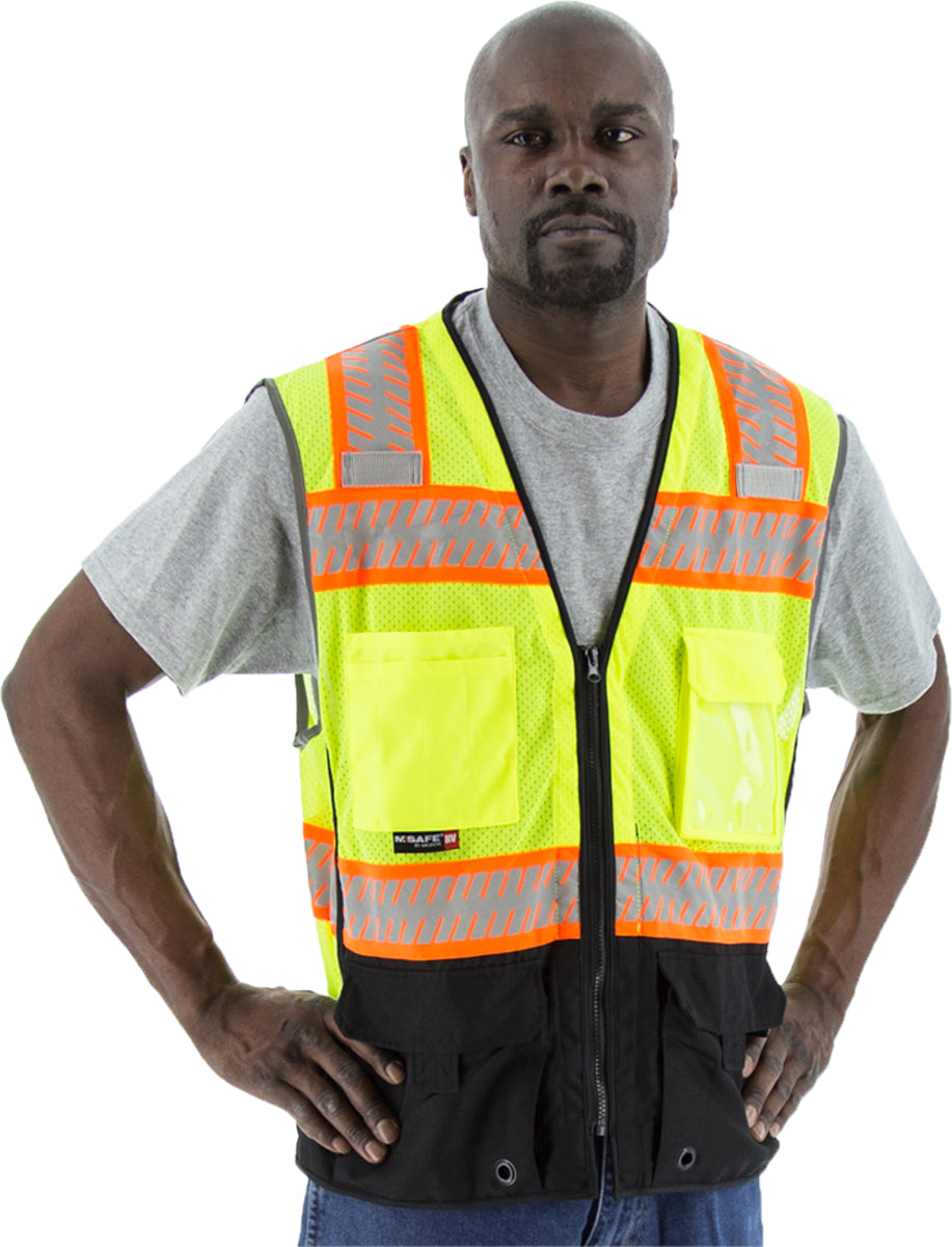 Majestic Glove 75-3249 Hi-Viz Yellow Mesh Vest w DOT Chainsaw Striping with Back Survey Pocket, ANSI 2