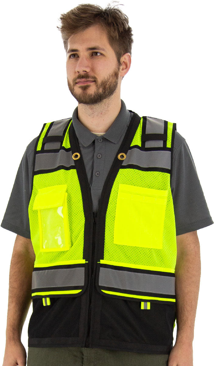 Majestic Glove 75-3247 Zipper Front High Vis HD Black Bottom Mesh Vest, ANSI 2, L