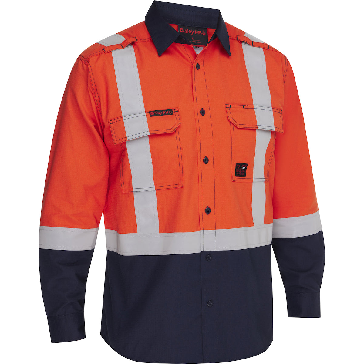 Bisley 385MFRHS FR Men's Ripstop Shirt Aramid Lightweight Orange/Navy