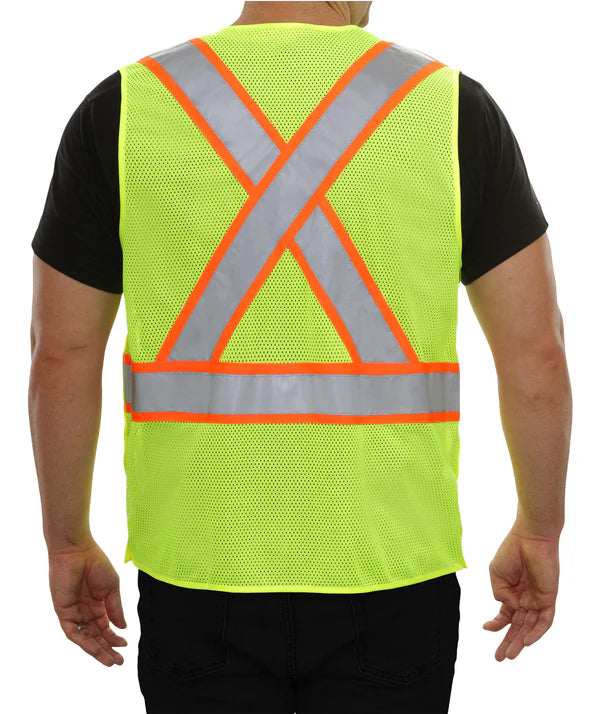 505SXLM Safety Vest: Hi-Vis 5pt Breakaway X-Back Zip Lime Mesh: DOT