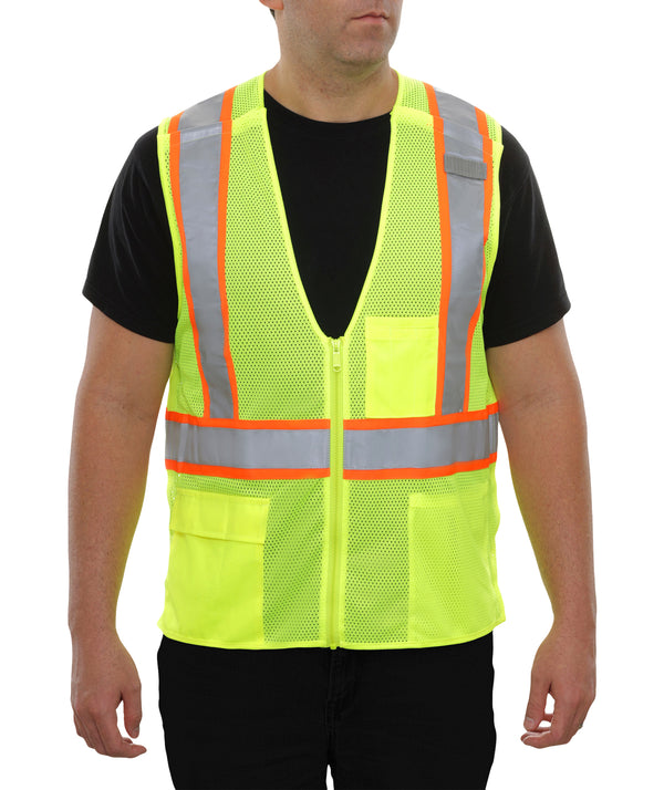 505SXLM Safety Vest: Hi-Vis 5pt Breakaway X-Back Zip Lime Mesh: DOT