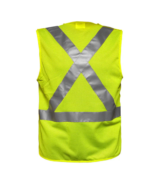 508SXLM Safety Vest: Clear ID Pocket: 5pt Breakaway: X-Back Lime Zip Mesh