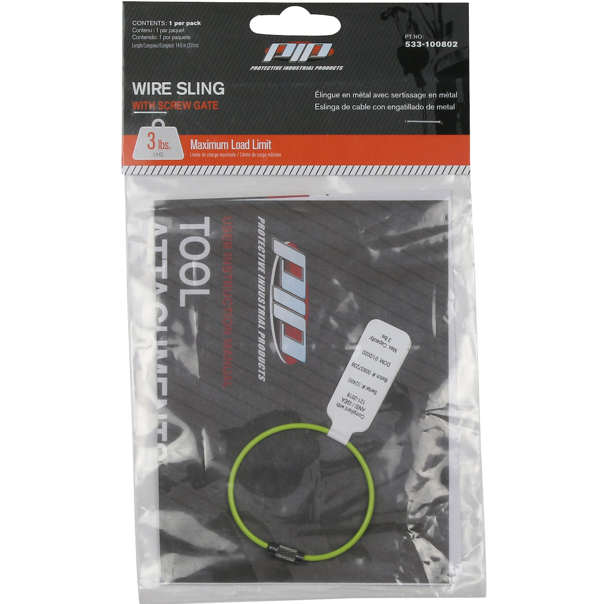 PIP® 533-100802 Wire Sling with Screw Gate - 3 lbs. maximum load limit - Retail Packaged