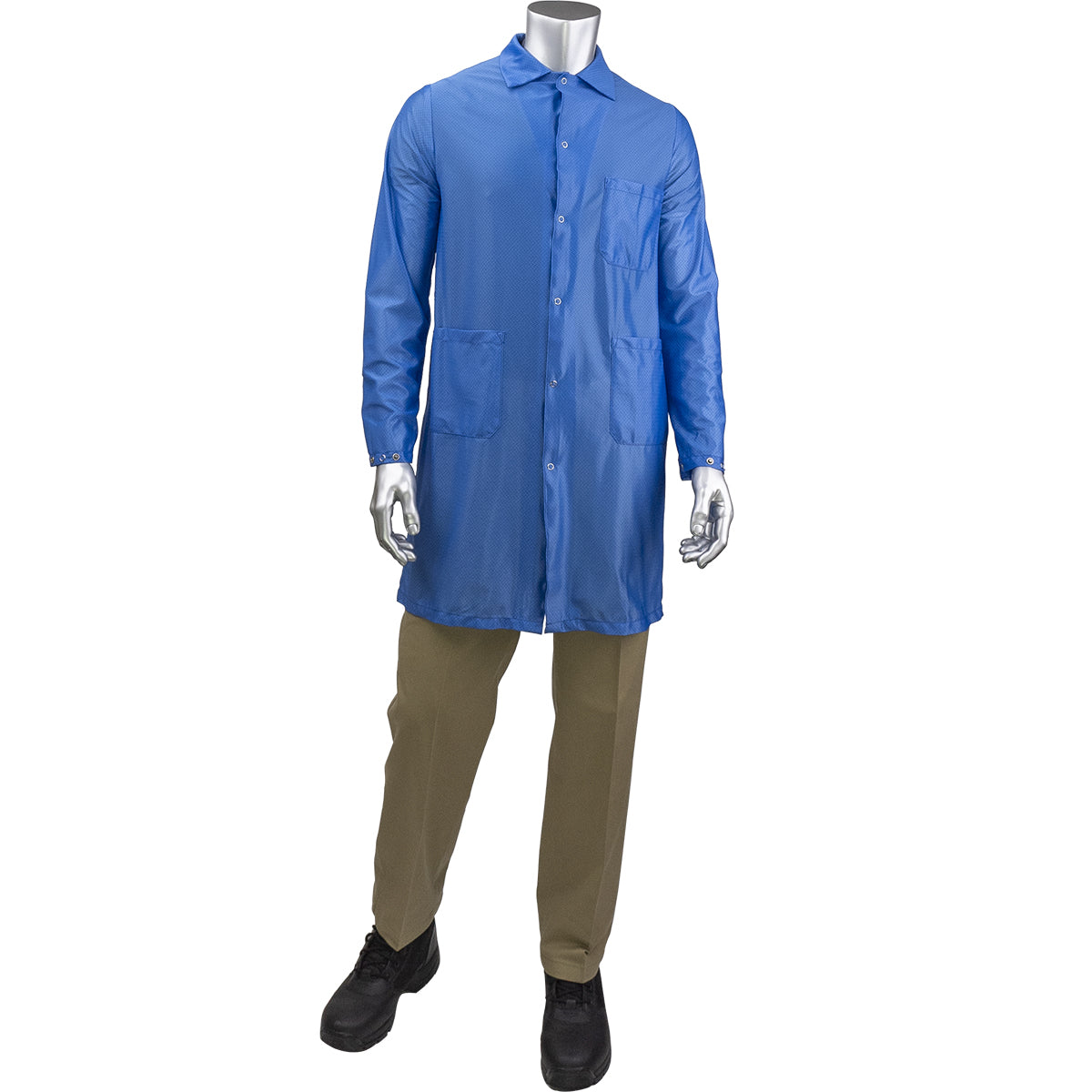 Uniform Technology BR51-44RB Reusable ESD Safe Long Labcoat Polyester Snap Wrist Royal