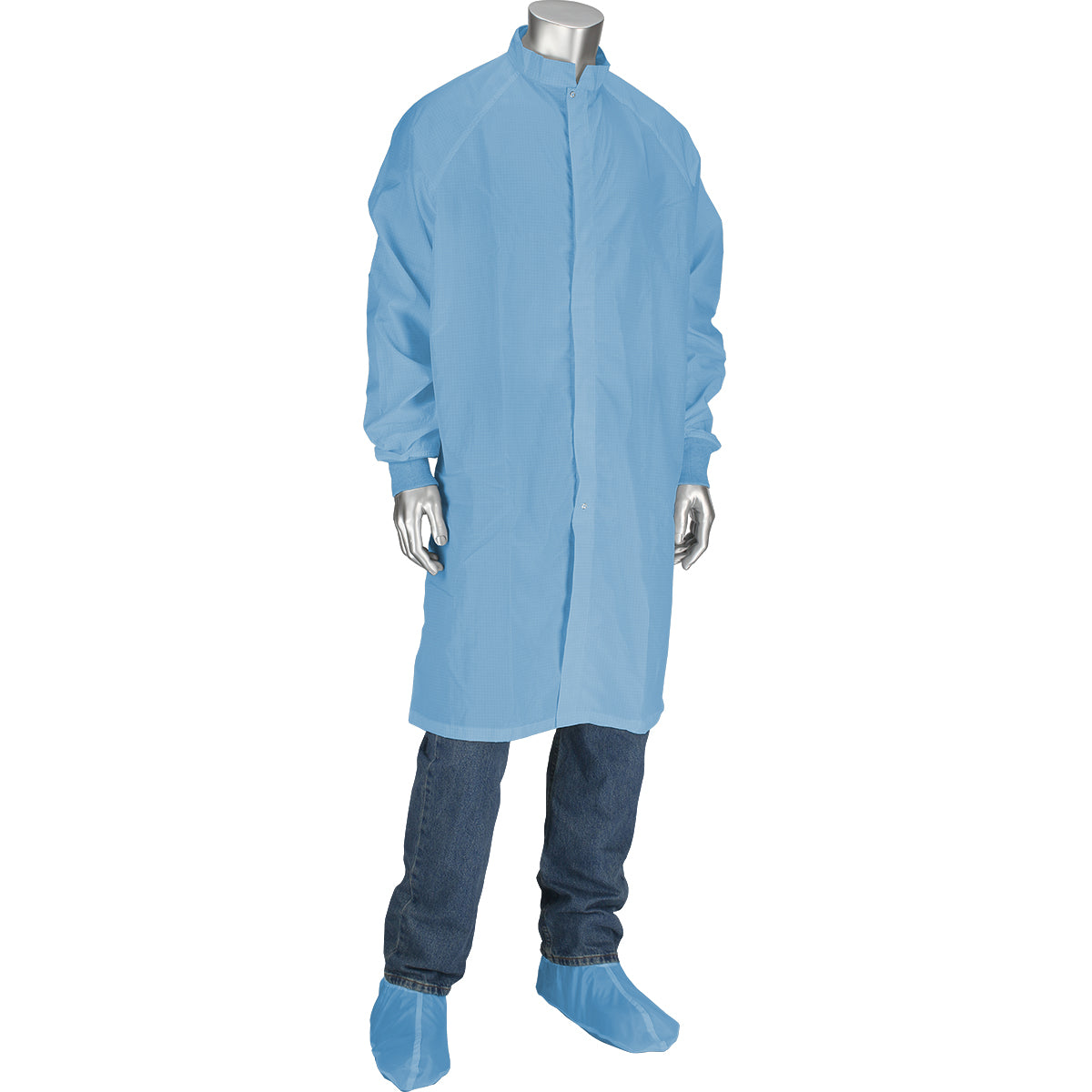 Uniform Technology CFRZC-74LB Cleanroom Frock Polyester ESD Knit Cuffs Light Blue