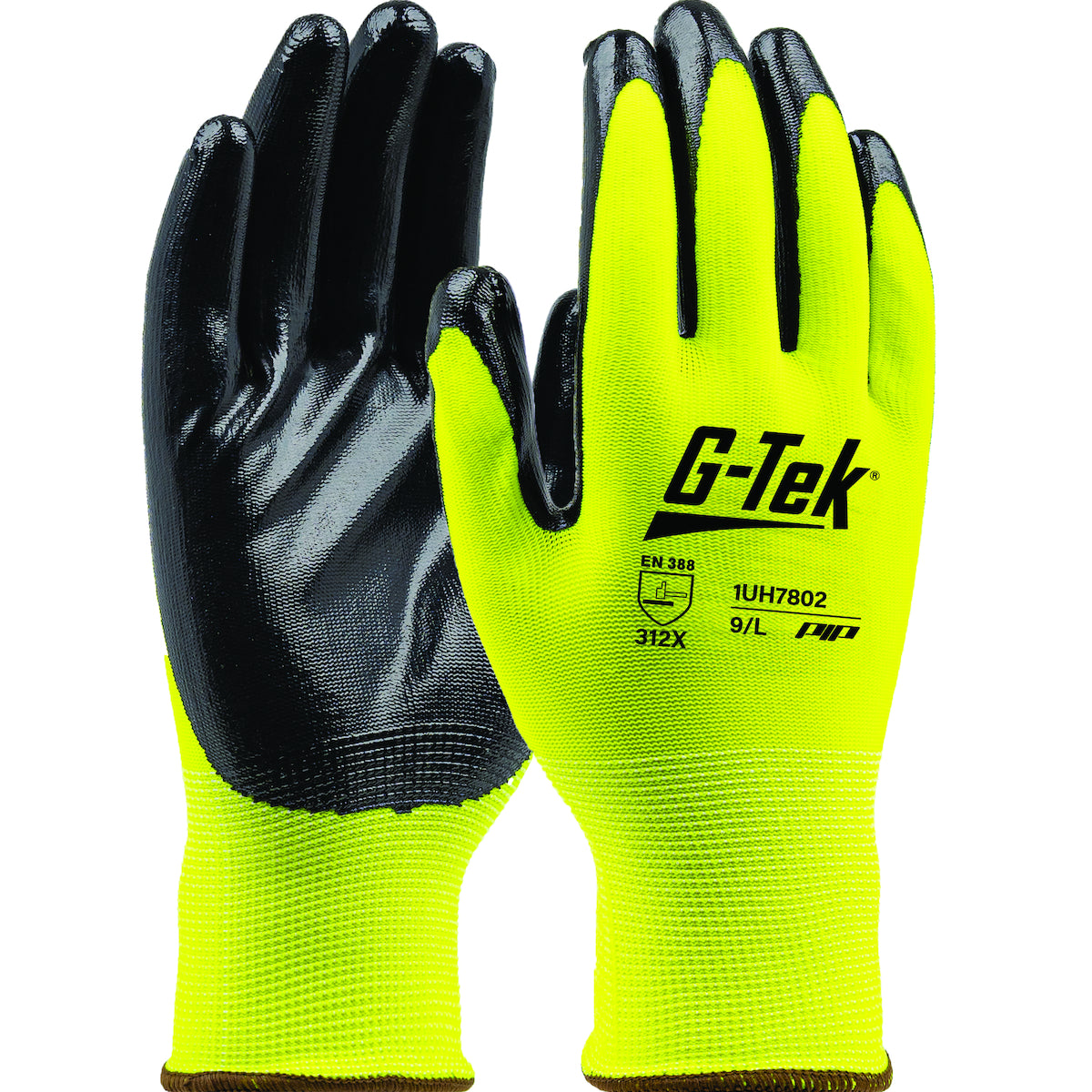 G-Tek 1UH7802 Hi-Vis Seamless Knit Coated Work Gloves Polyester Nitrile Yellow
