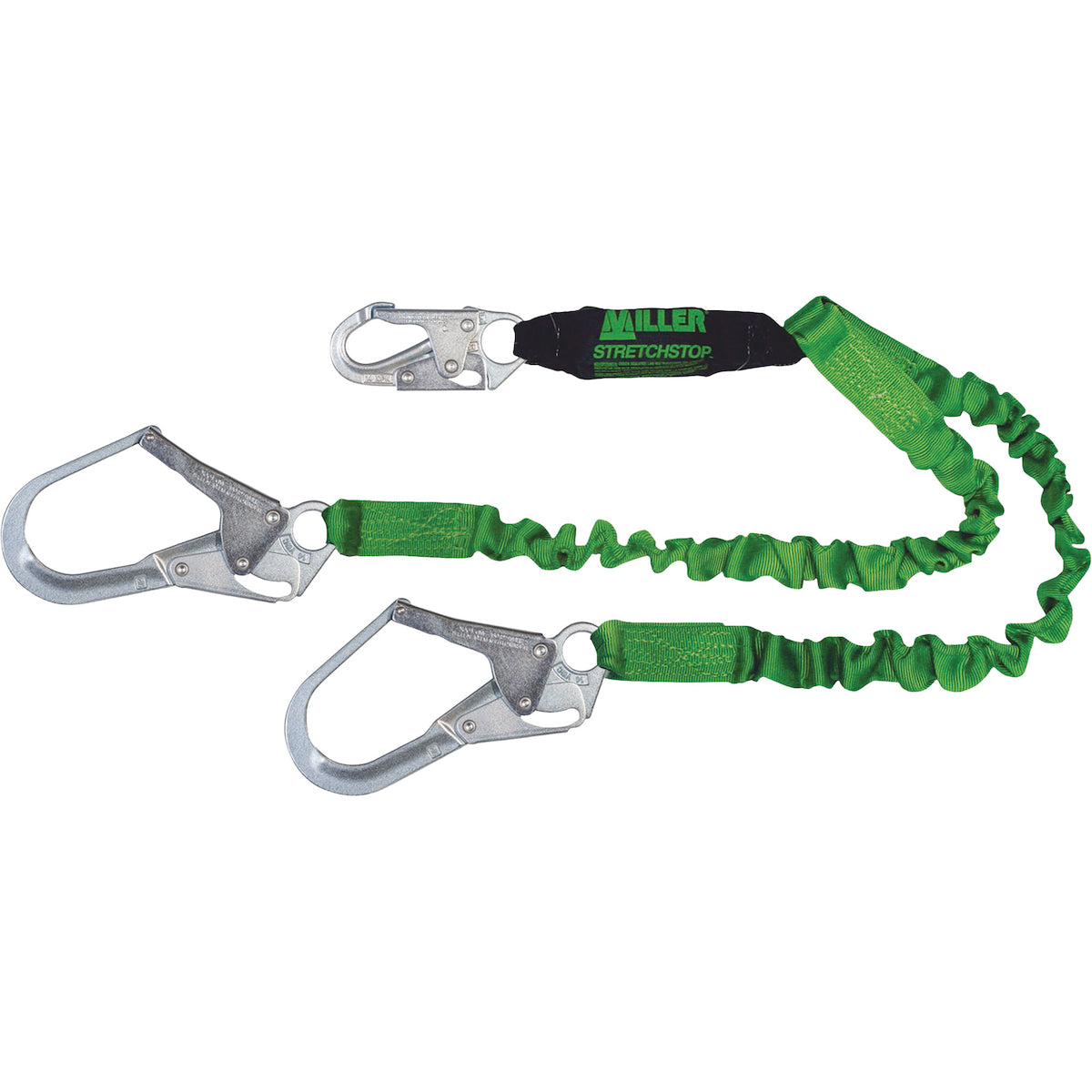 Miller® 8798RSS-Z7 Double Leg Stretchable Web Lanyard, with SofStop® Energy Absorber, Locking Snap Hook and Locking Rebar Hook