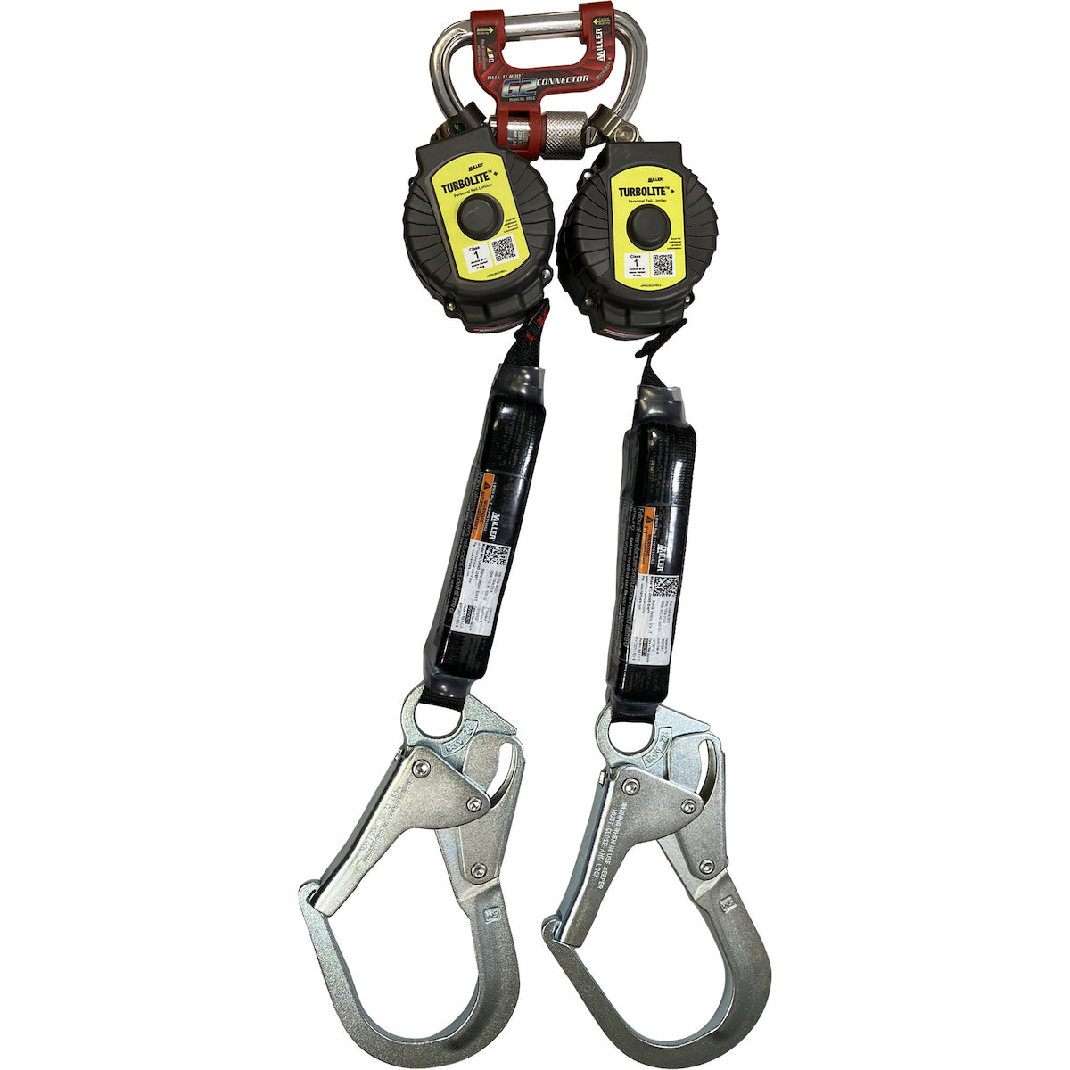 Miller® MTL-OHW2-28 Twin Personal Fall Limiter, Vectran™ Webbing, G2 Twin Connector, Aluminum Locking Rebar Hook