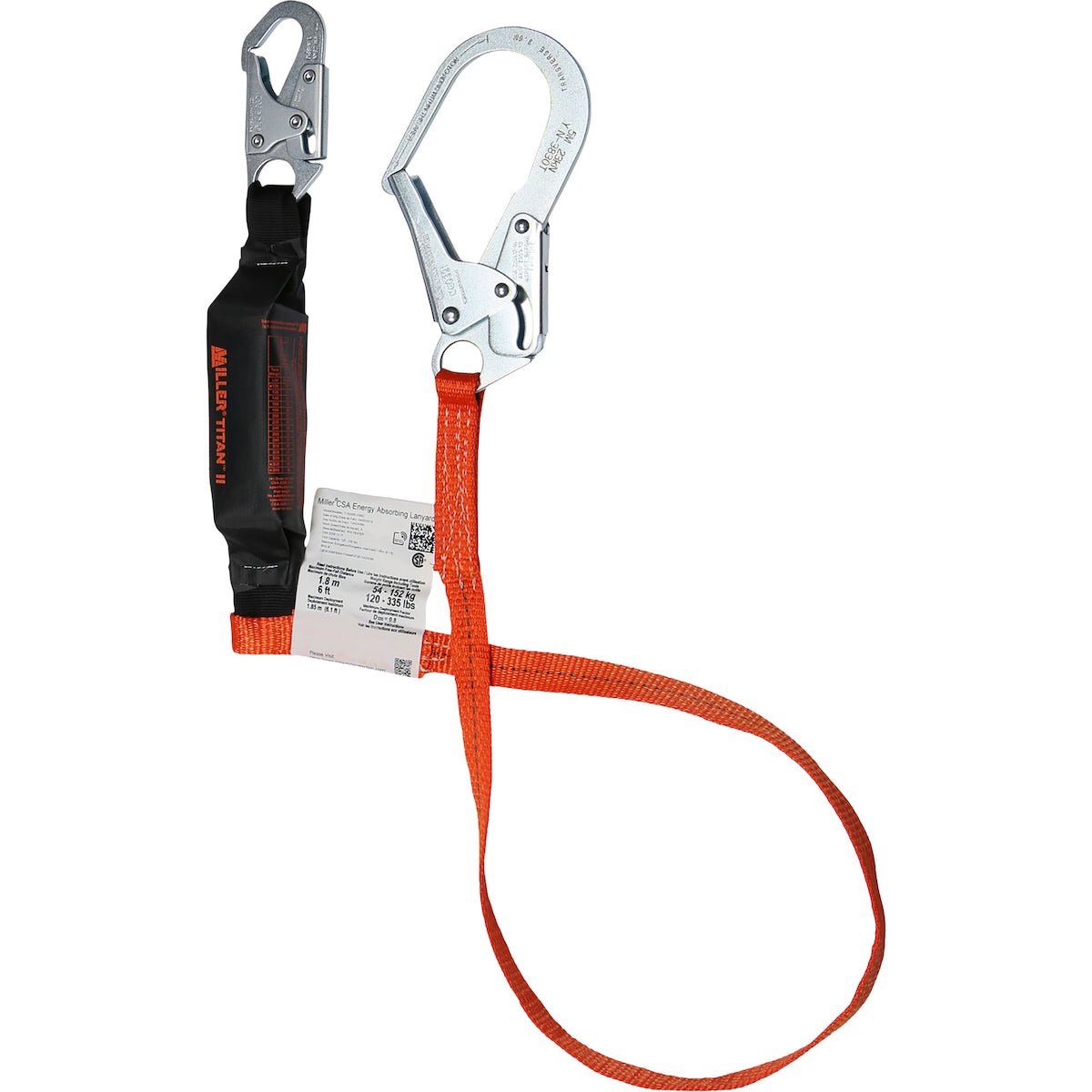 Miller® T1SSSR Pack-Type Shock-Absorbing Web Lanyard, Single-Leg, with Locking Snap Hook and Large Locking Rebar Hook