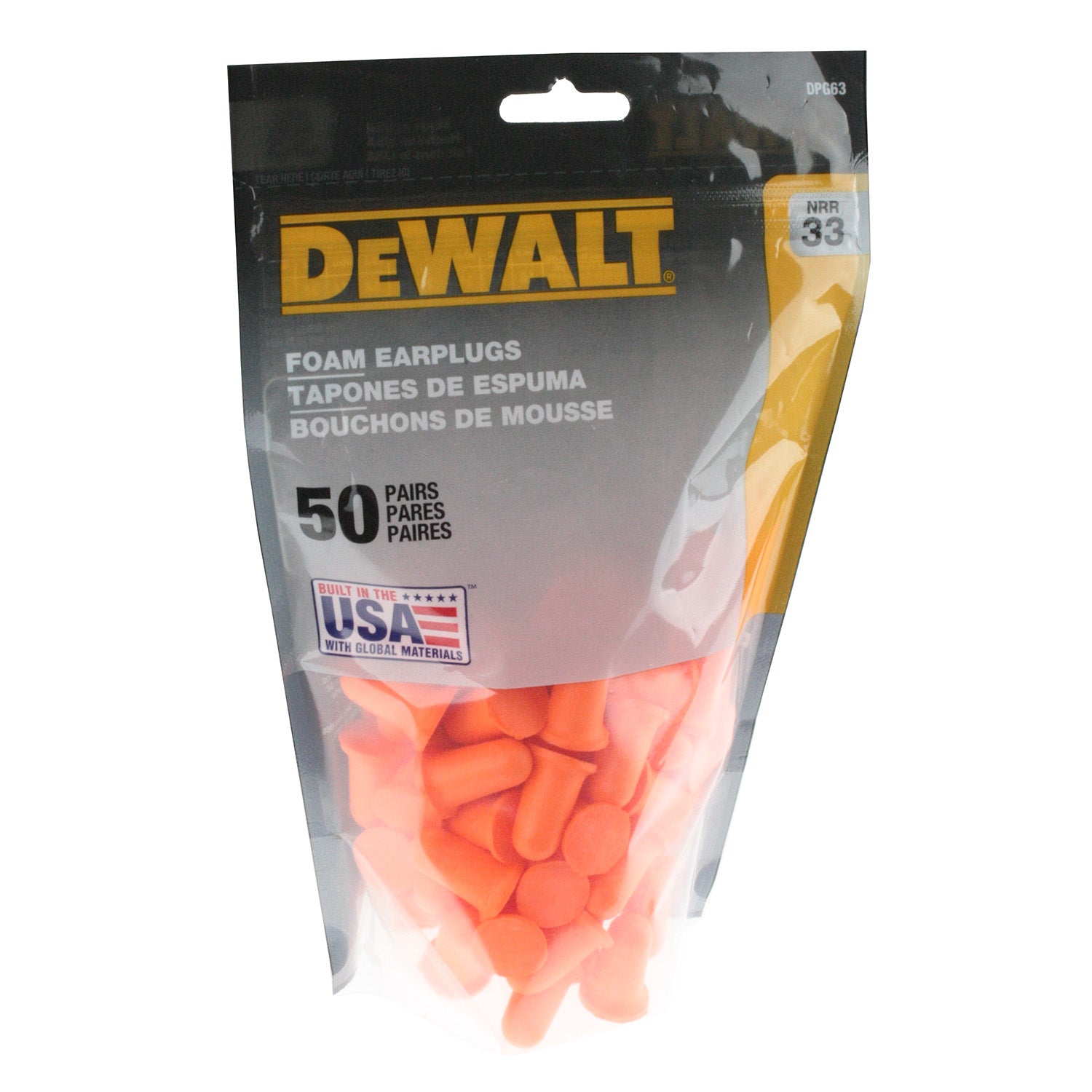DPG63 Orange Bell NRR33 Foam Earplugs - Uncorded - 50 Pair Resealable Bag