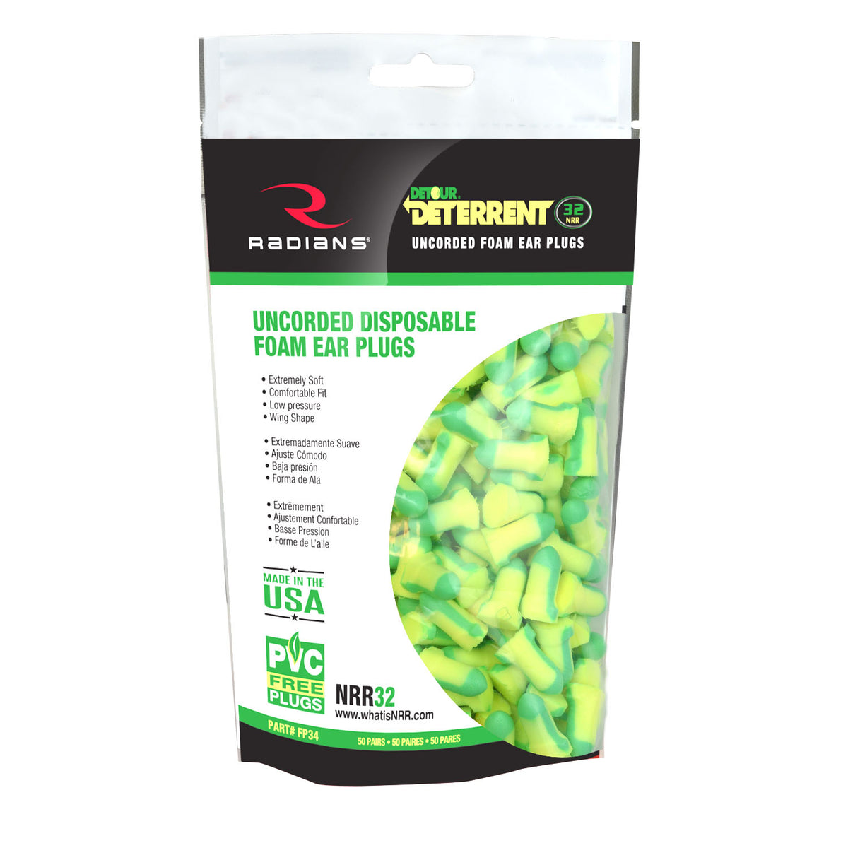 Deterrent® 32 Disposable Foam Earplugs - Uncorded - 50 Pair Bag