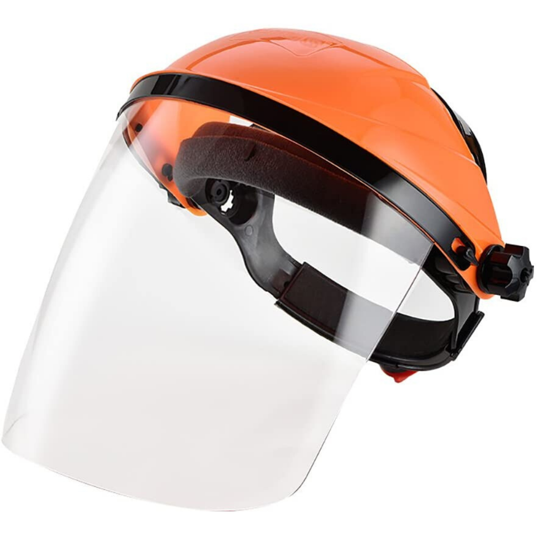 Face Shield Plus - All Purpose Clear Polycarbonate Full Face Shields Work Masks with Harness Ratchet Adjustment (Orange)
