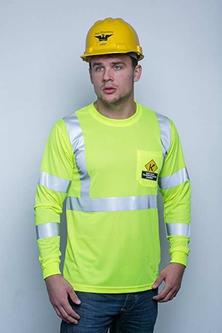 Safety Shirt, Hi Visibility, Long Sleeve, with Pocket, Lime Yellow Birdseye Knit Fabric, ANSI Class 3