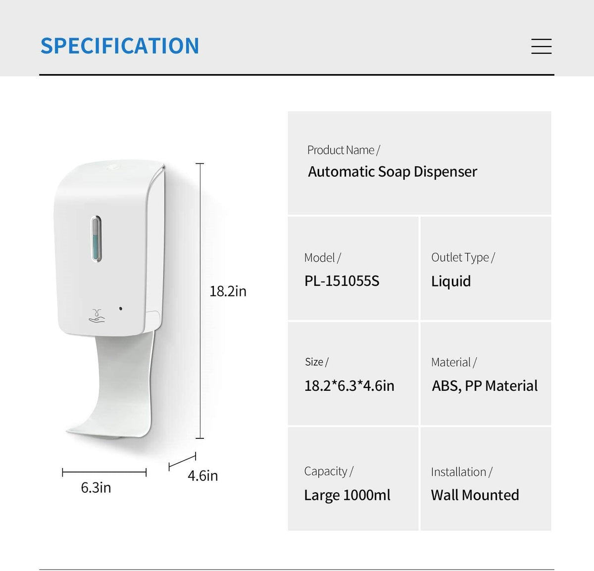 5056 Elegant Automatic Gel/Soap Dispenser Wall Mounted 33.8oz/1000ml