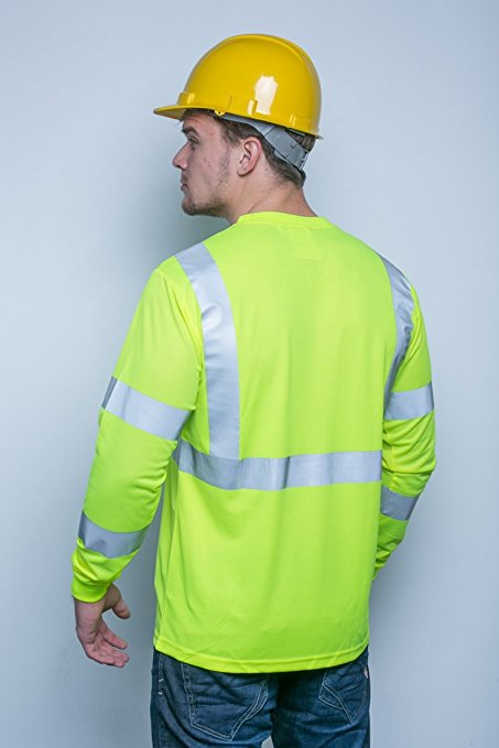 Safety Shirt, Hi Visibility, Long Sleeve, with Pocket, Lime Yellow Birdseye Knit Fabric, ANSI Class 3