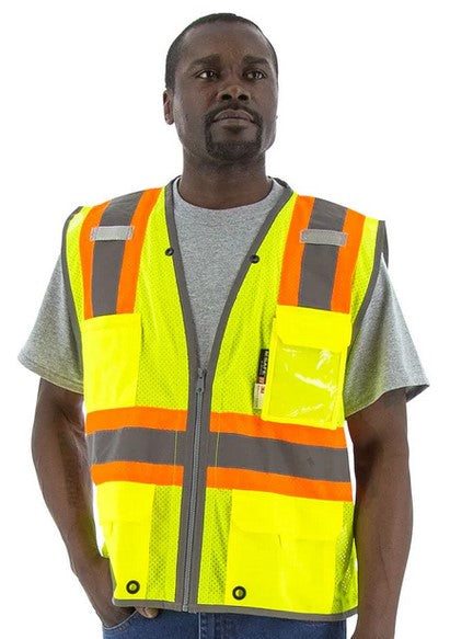 75-3225 High Visibility Vest with Two-Tone DOT Striping and D-Ring Pass Thru, ANSI 2, R HivizYellow