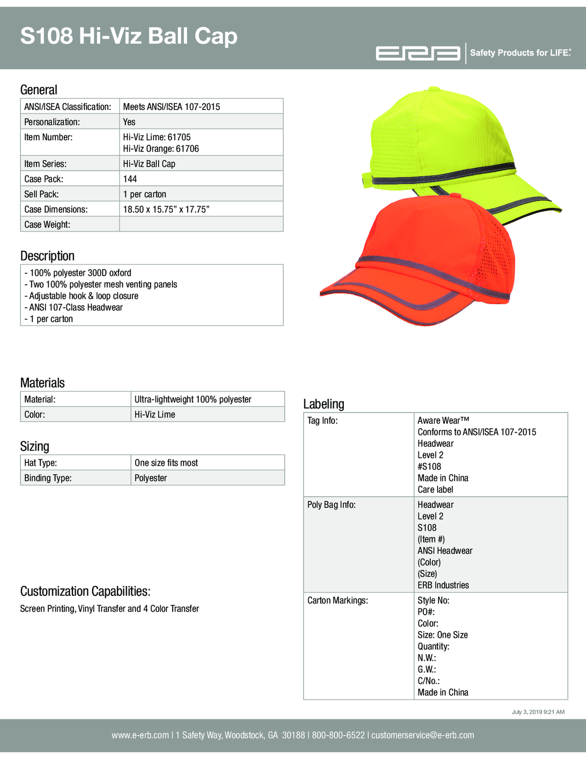 S108 Ball Cap ANSI Rated 1pc