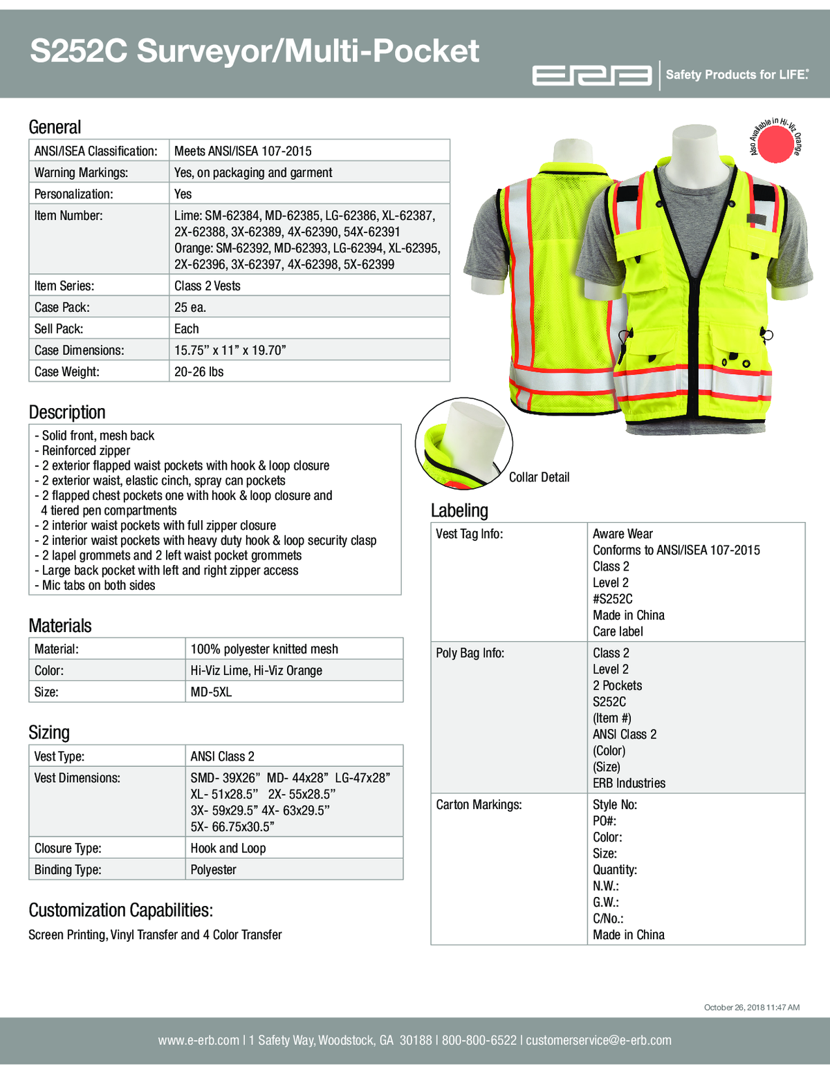 S252C Class 2 Deluxe Surveyor&#39;s Multi-Pocket Safety Vest 1PC