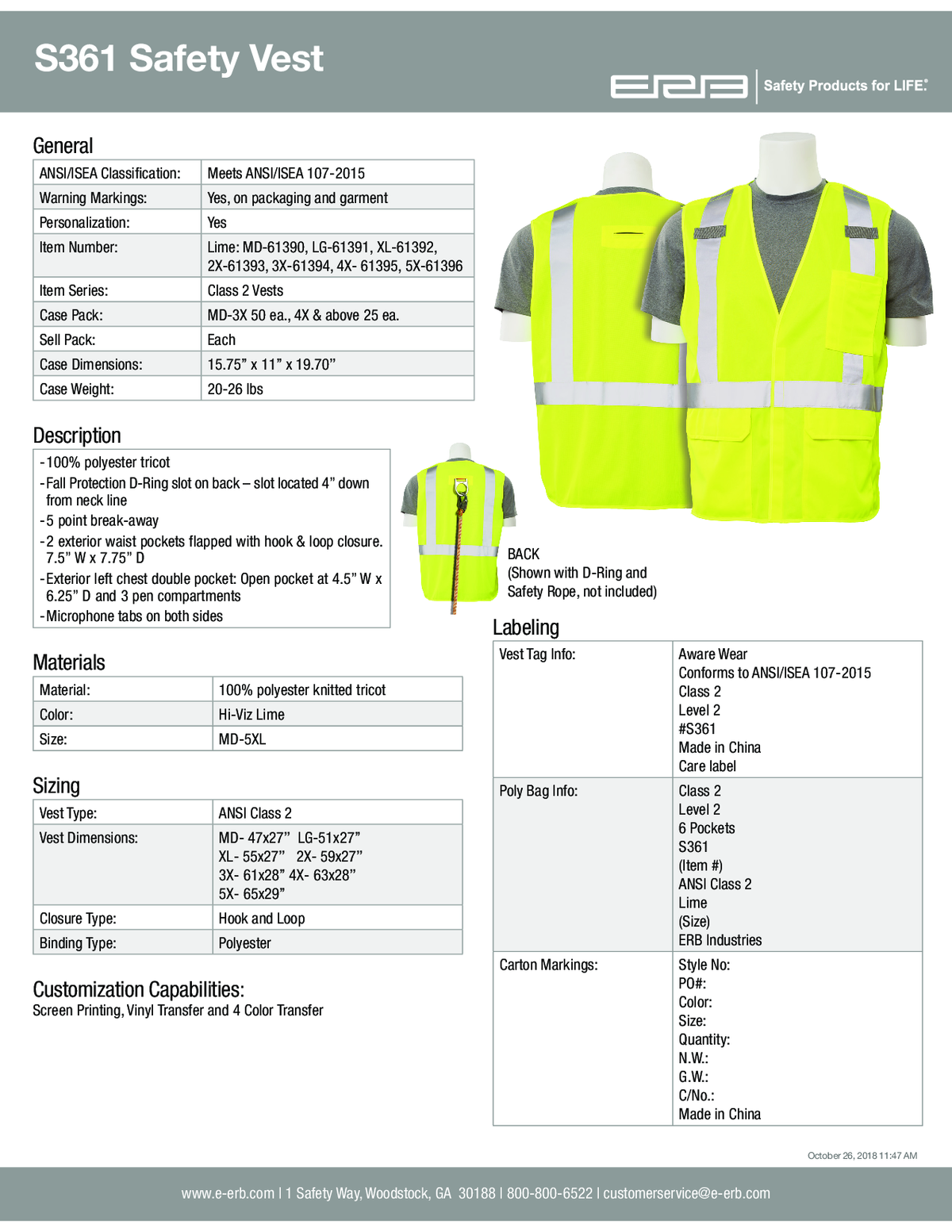 S361 Class 2 Five-Point Break-Away Safety Vest with D-Ring 1PC