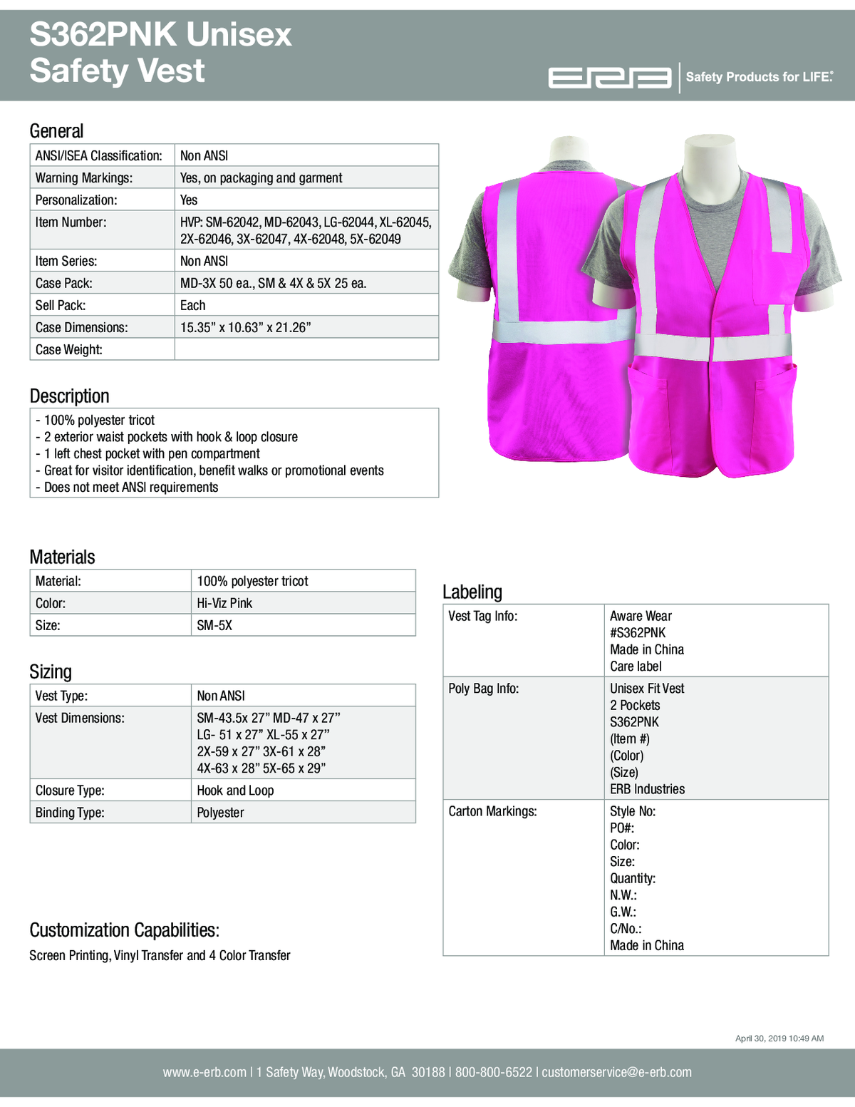 S362PNK Unisex Safety Vest Non-ANSI 1pc