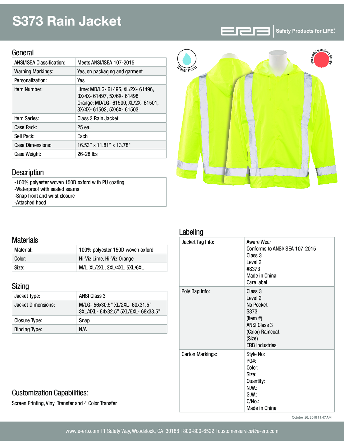 S373 Class 3 Rain Jacket with Hood 1PC