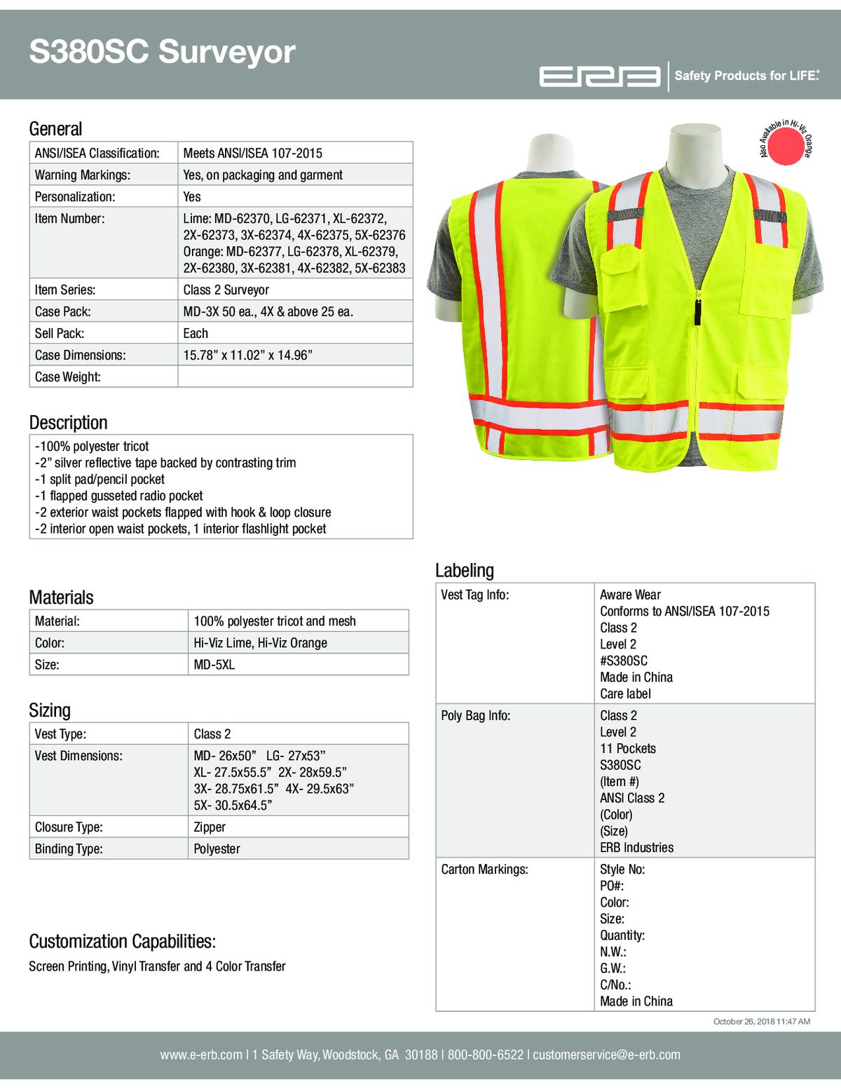 S380SC Class 2 Surveyor&#39;s Safety Vest with Pockets 1PC