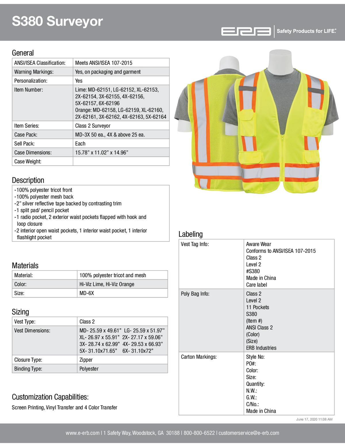 S380 Class 2 Surveyor&#39;s Safety Vest with Mesh Back 1PC