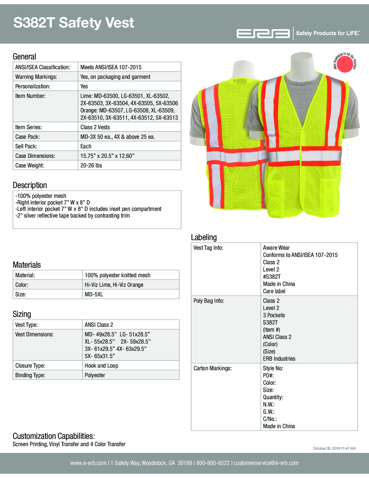 S382T Class 2 Mesh Safety Vest with Contrasting Tape - Tall