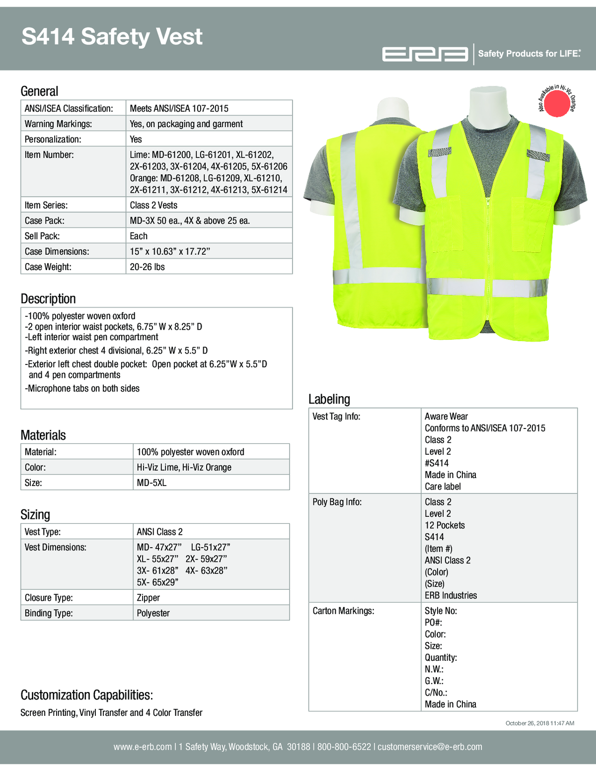 S414 Class 2 Surveyor&#39;s Multi-Pocket Safety Vest 1PC