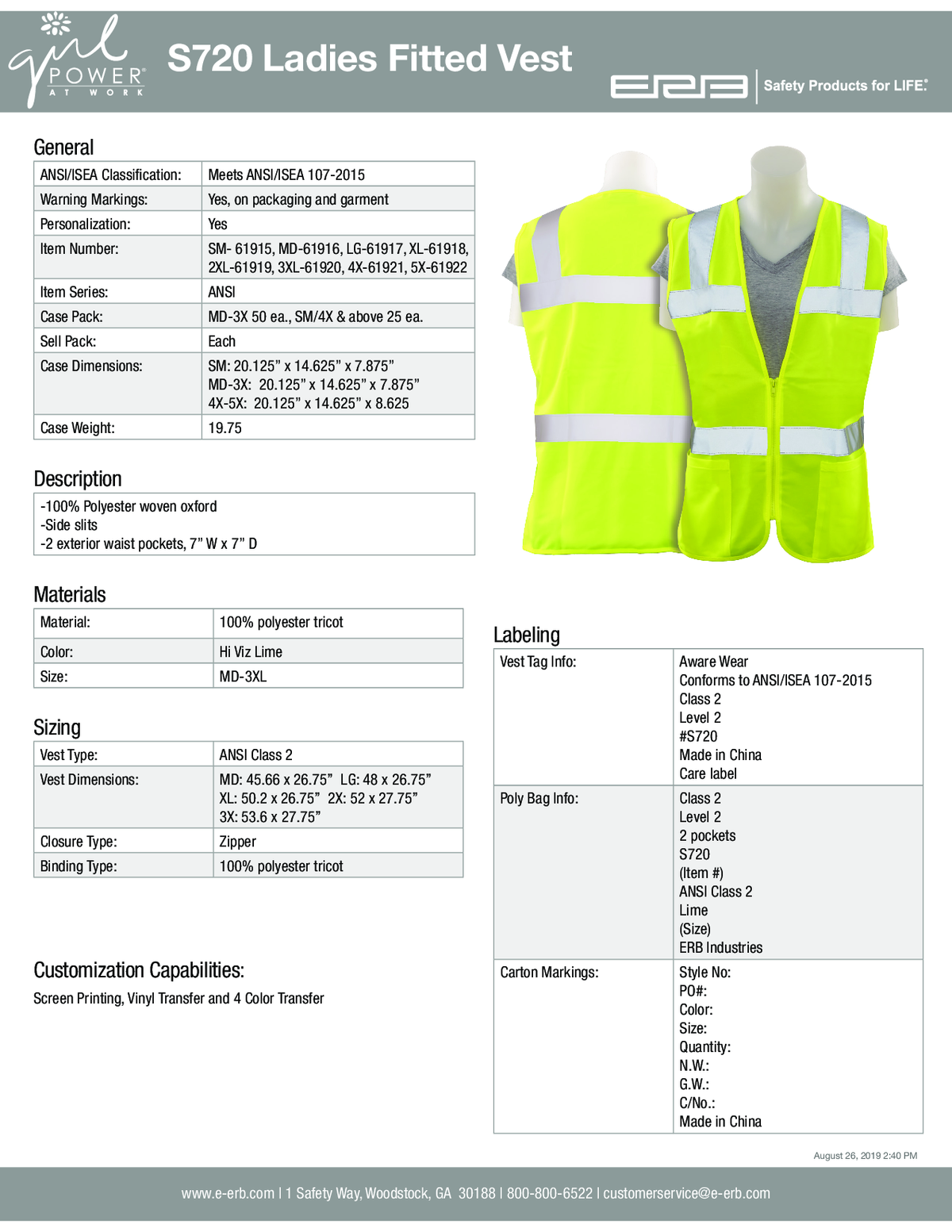 S720 Fitted Women&#39;s Safety Vest Class 2. 1pc