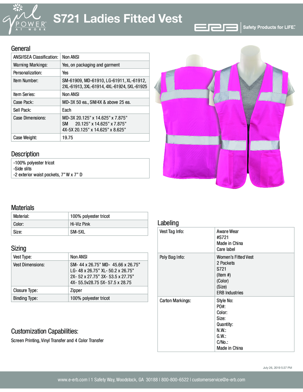 S721 Fitted Women&#39;s Safety Vest Non-ANSI 1pc