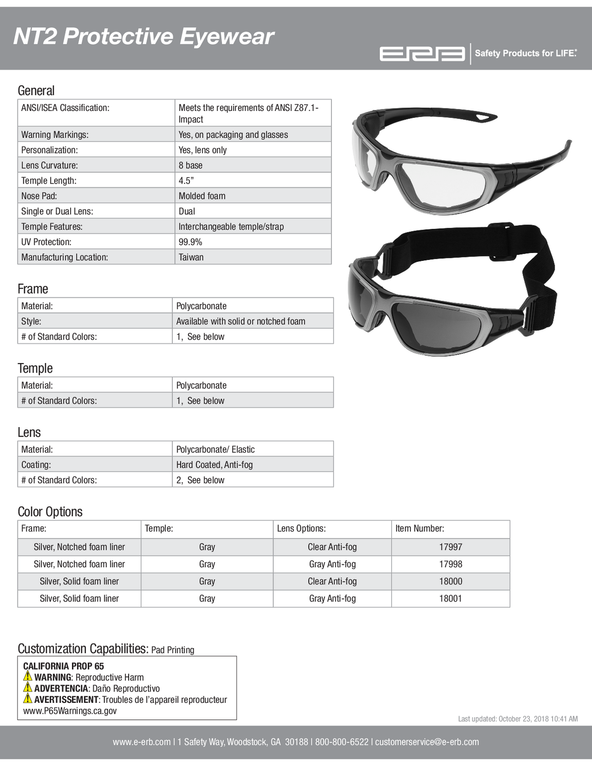 NT2 Safety Glasses with Anti-Fog Lens 1PC