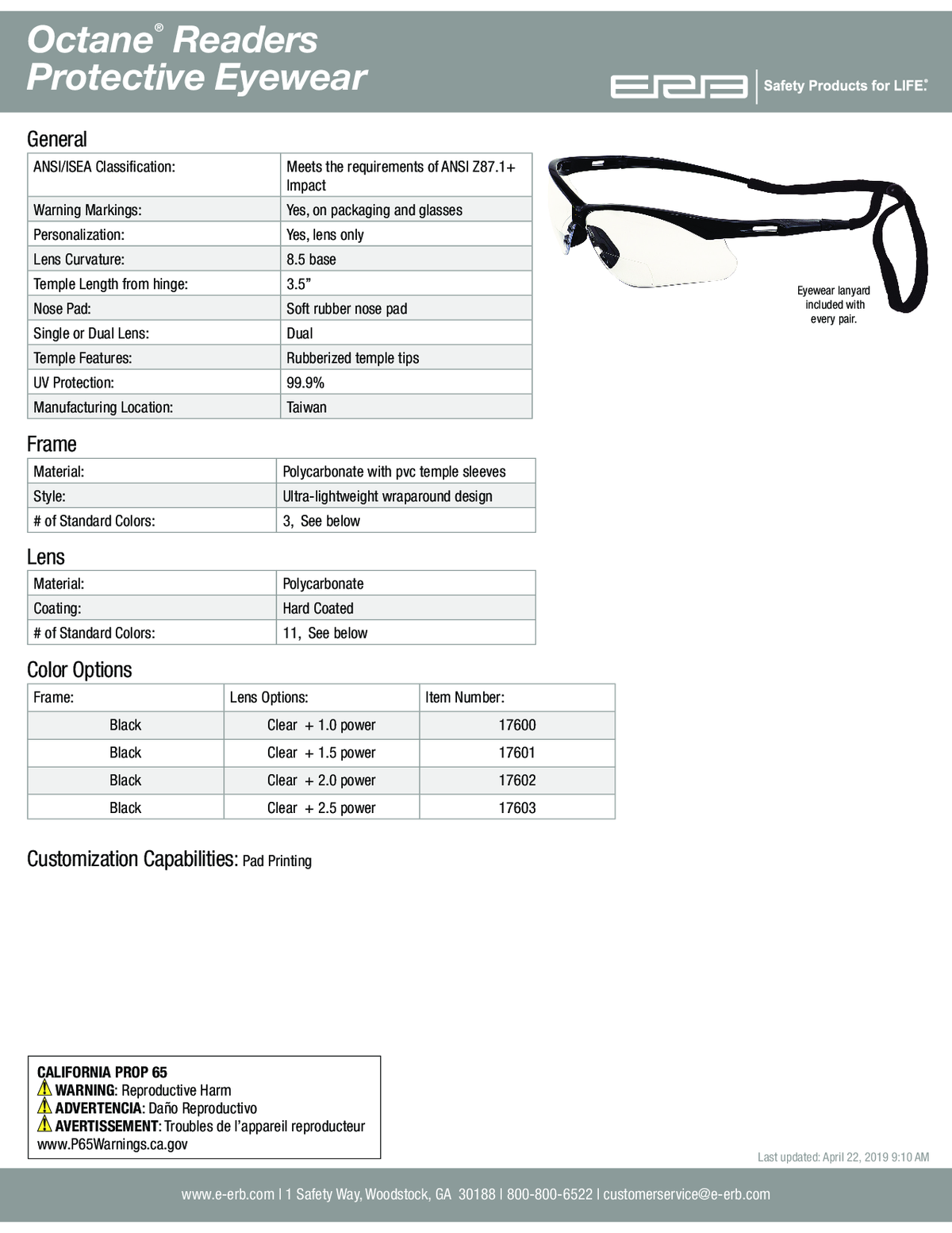 OCTANE® Readers +1.0 Safety Glasses 1PC