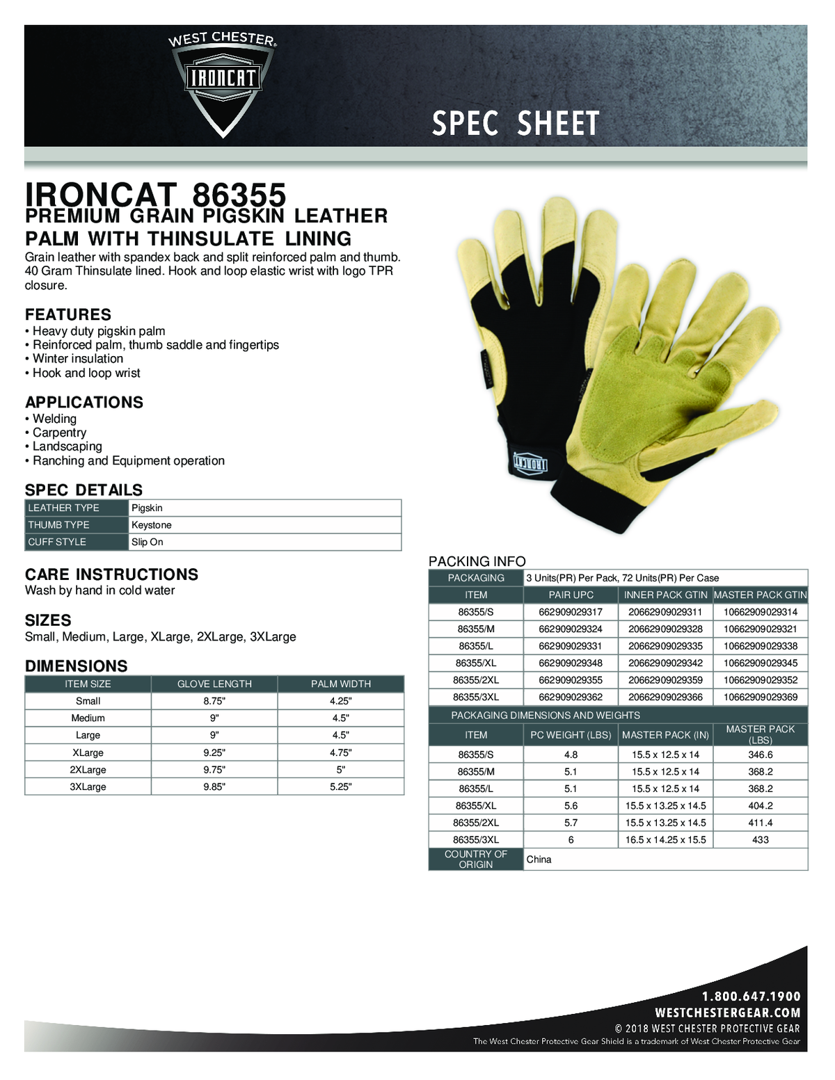 Heavy Duty Insulated Gloves with Pigskin Palm 1PAIR