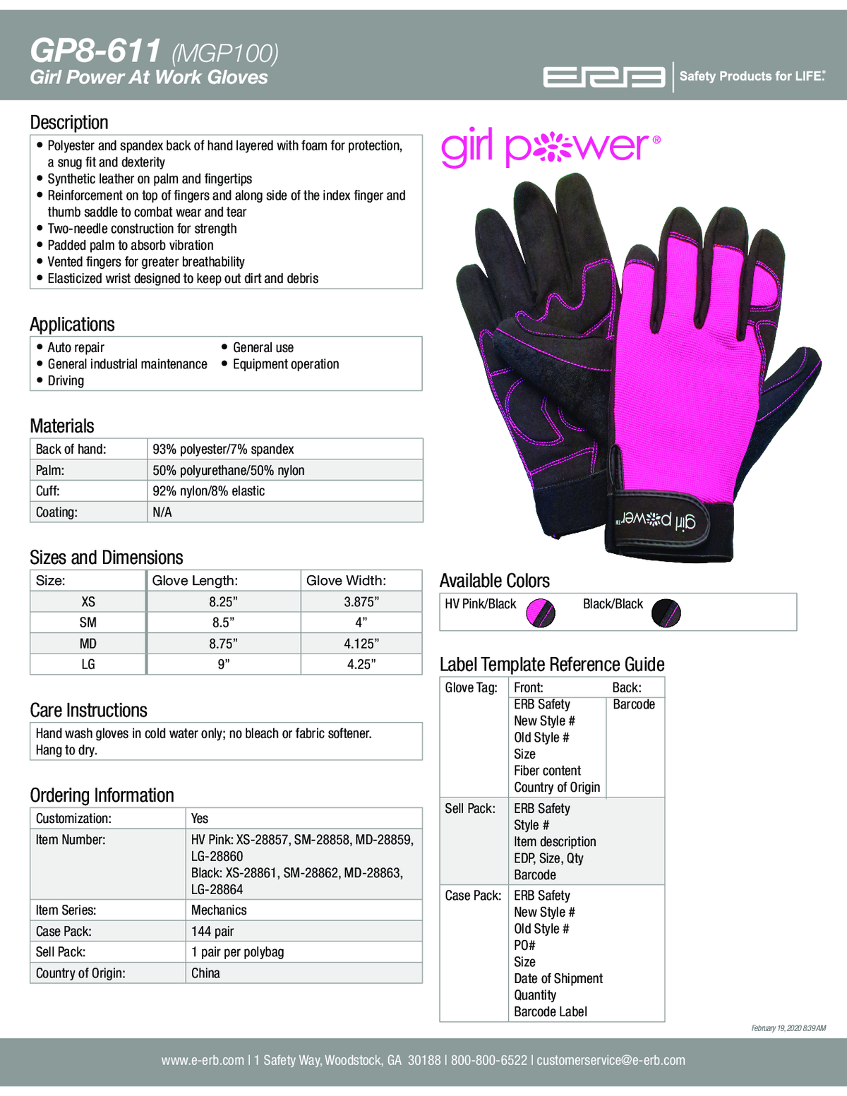 GP8-611 (MGP100) Women&#39;s Mechanics Gloves Black 1PAIR
