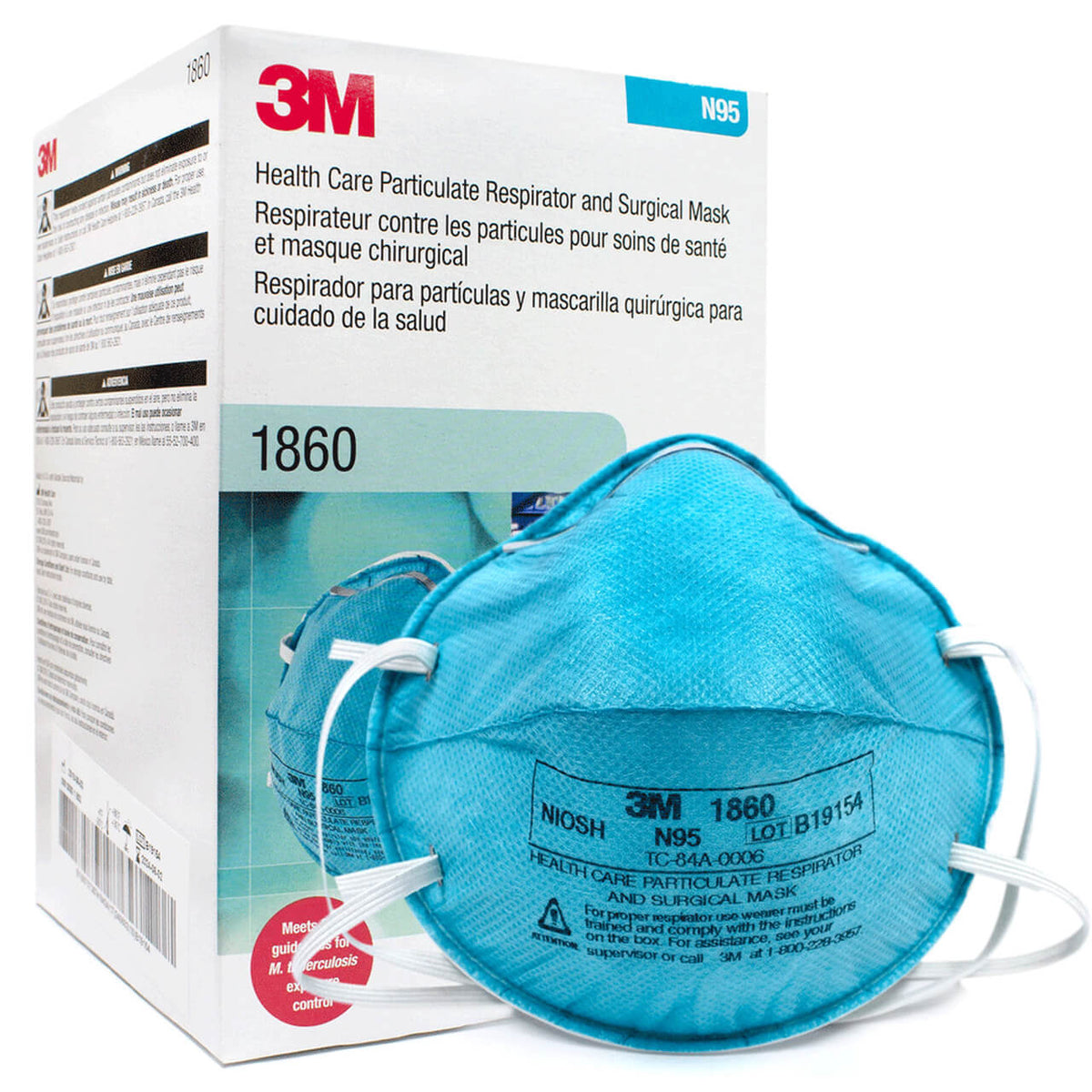 3M 1860 N95 Particulate Surgical Respirator Mask, Regular, Cup Style, Teal, Box of 20