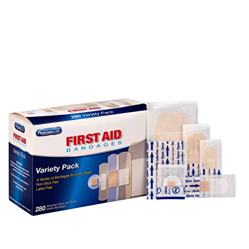 First Aid Bandages Variety Pack, Assorted Sizes, 280/box - Emergency Kit Trauma Kit First Aid Cabinet Refill