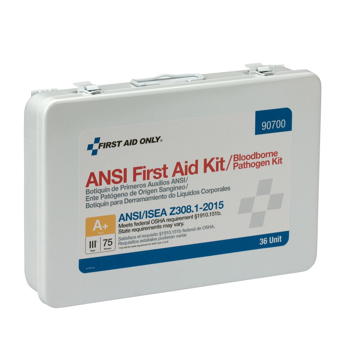 75 Person 36 Unit First Aid Kit, ANSI A+ Compliant With BBP (Blood Borne Pathogen) Pack, Weatherproof Steel Case, Type III - BS-FAK-90700-1-FM