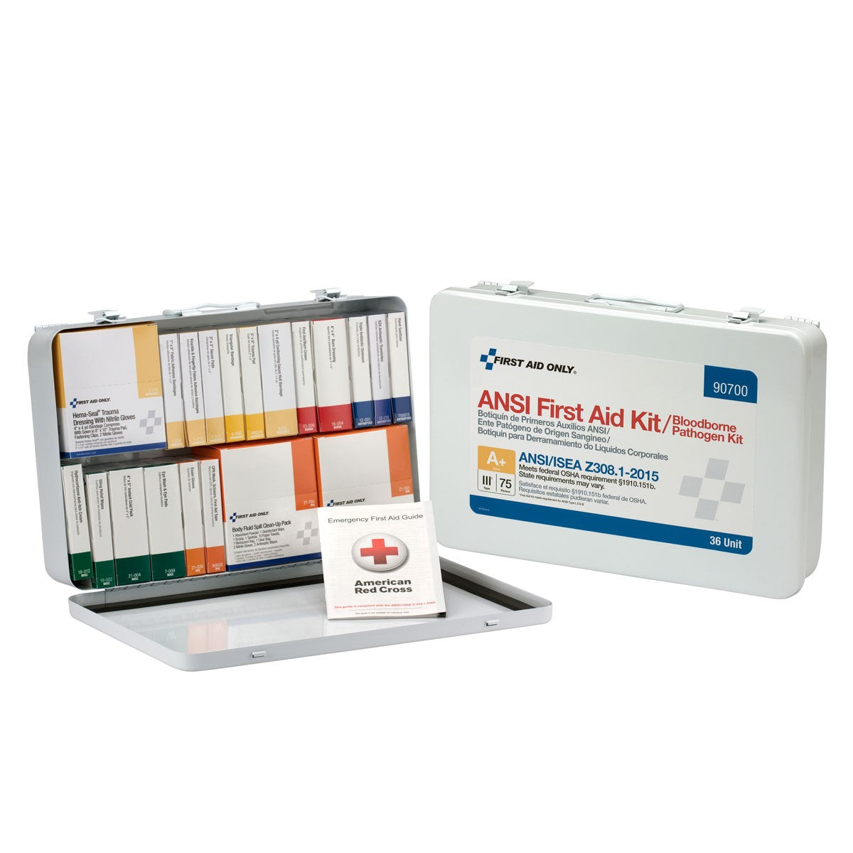 75 Person 36 Unit First Aid Kit, ANSI A+ Compliant With BBP (Blood Borne Pathogen) Pack, Weatherproof Steel Case, Type III - BS-FAK-90700-1-FM